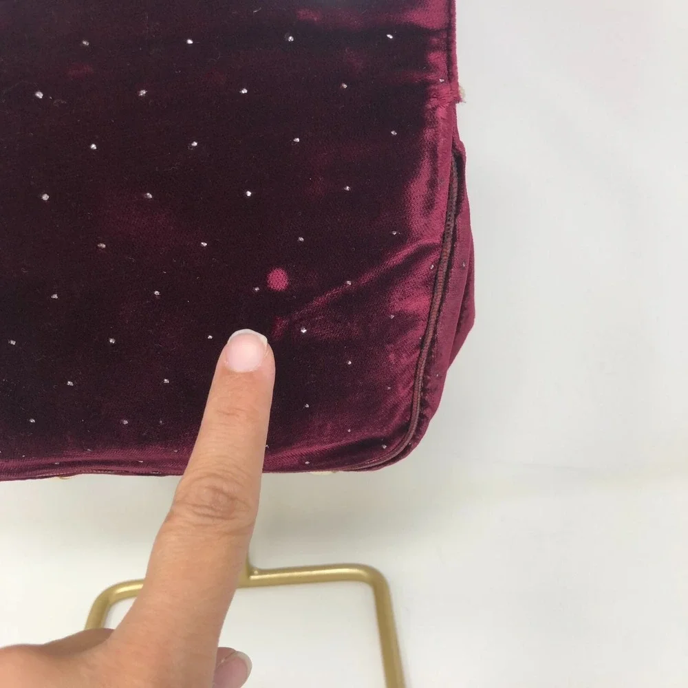 Fendi Velvet Handbag Small Burgundy‎ Red Needlepoint Chunky Handle Whimsigoth